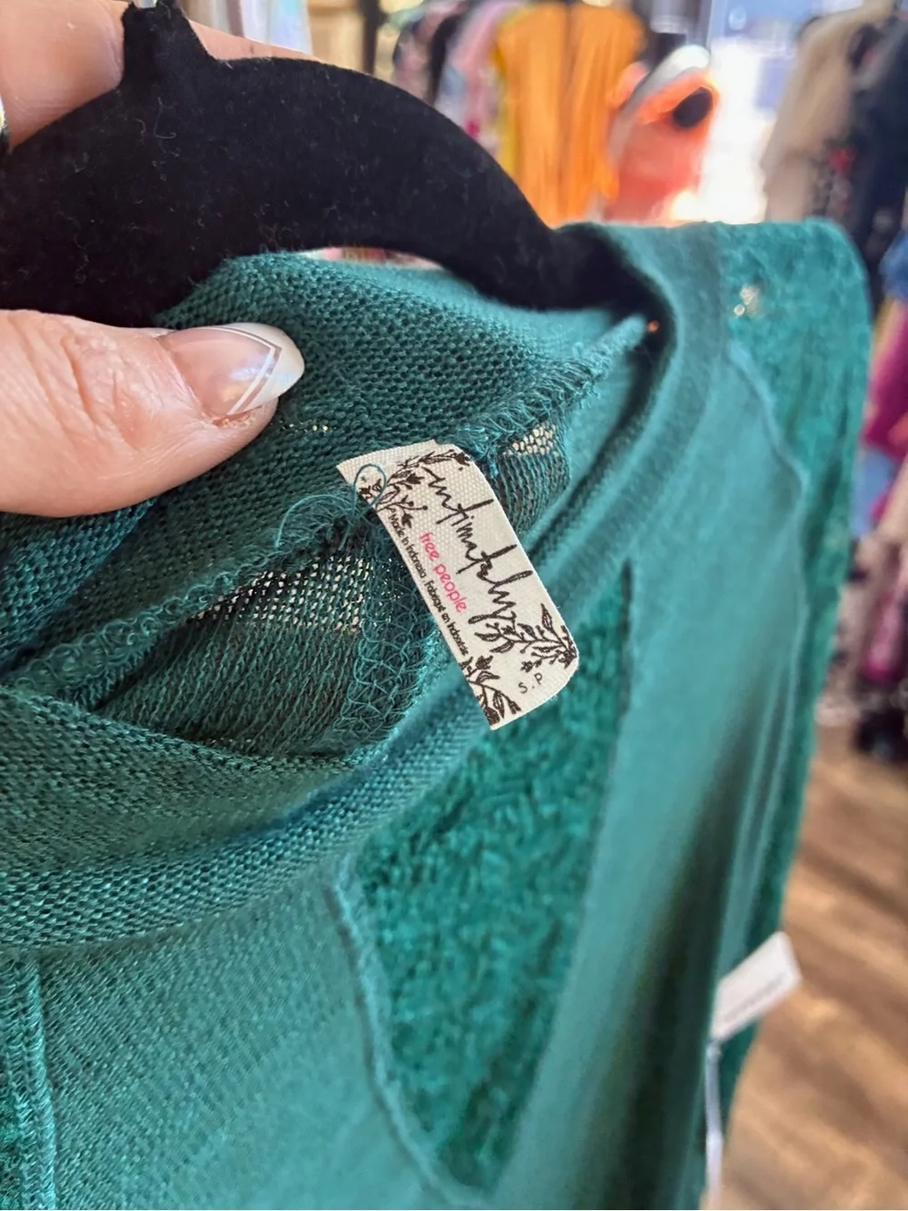 Free People Emerald Green Lace Detail Long Sleeve Top NWT